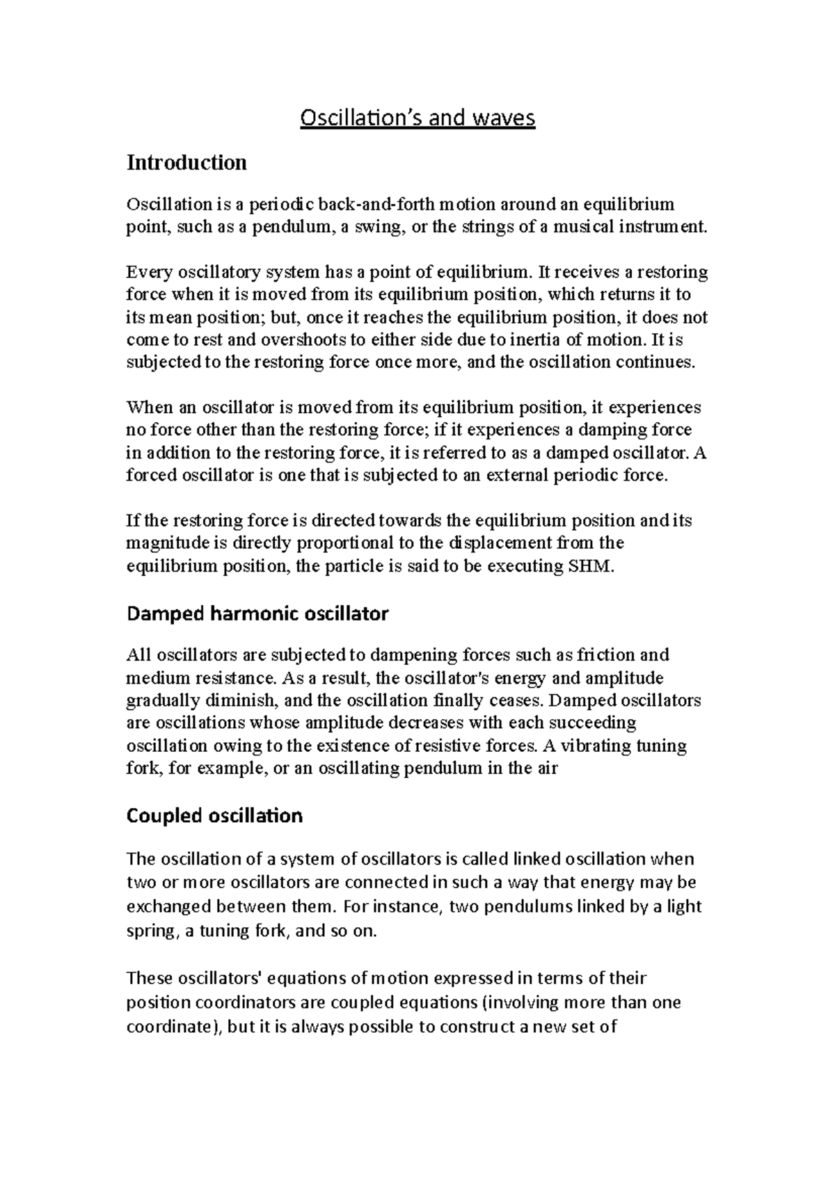 Oscillation - Lecture notes 4-6 - Oscillation’s and waves Introduction ...