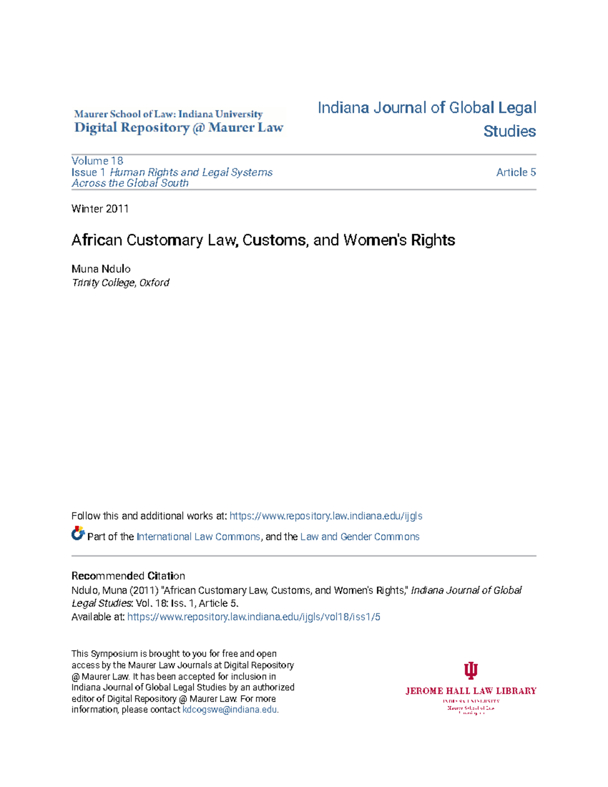 African Customary Law Customs and Womens Rights - Indiana Journal of ...