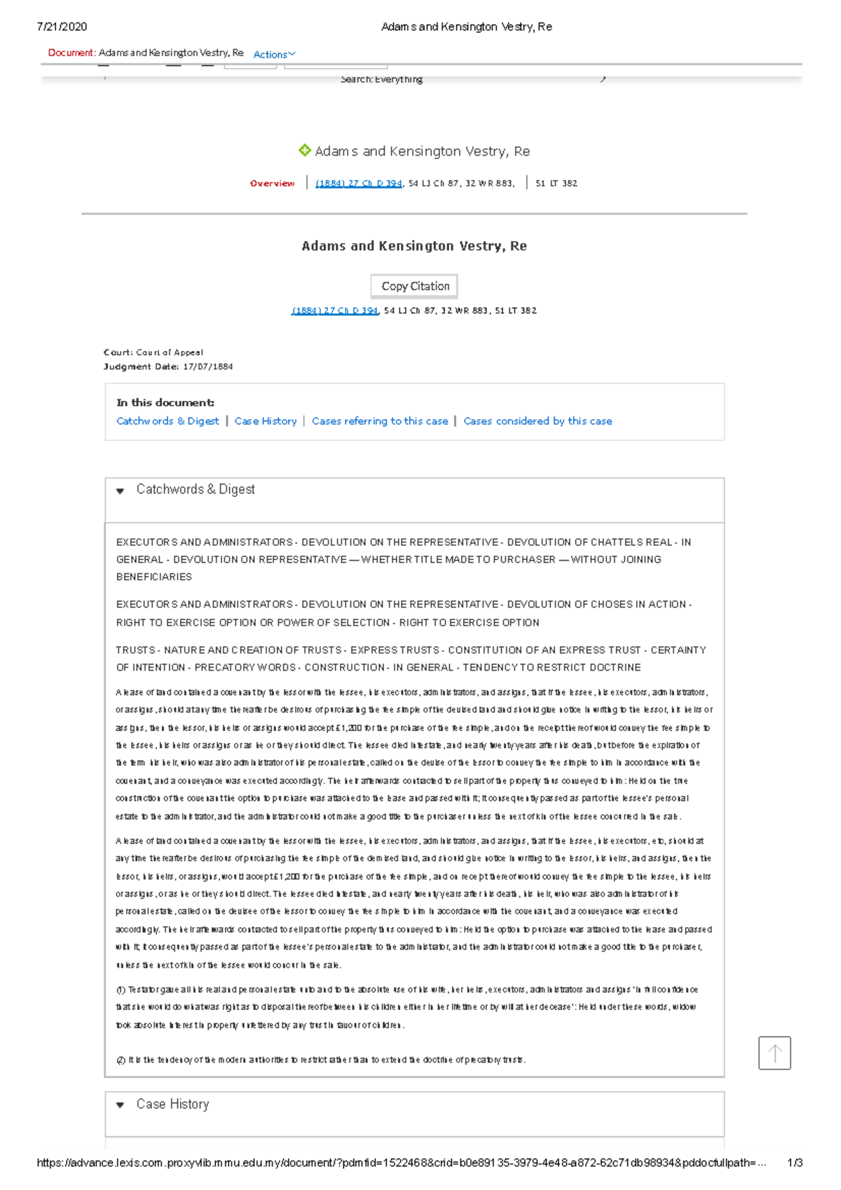 Adams and Kensington Vestry, ( equity)