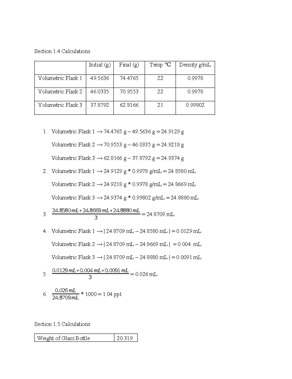 No.1 Review of Lab Techniques - Section 1 Calculations Initial (g ...