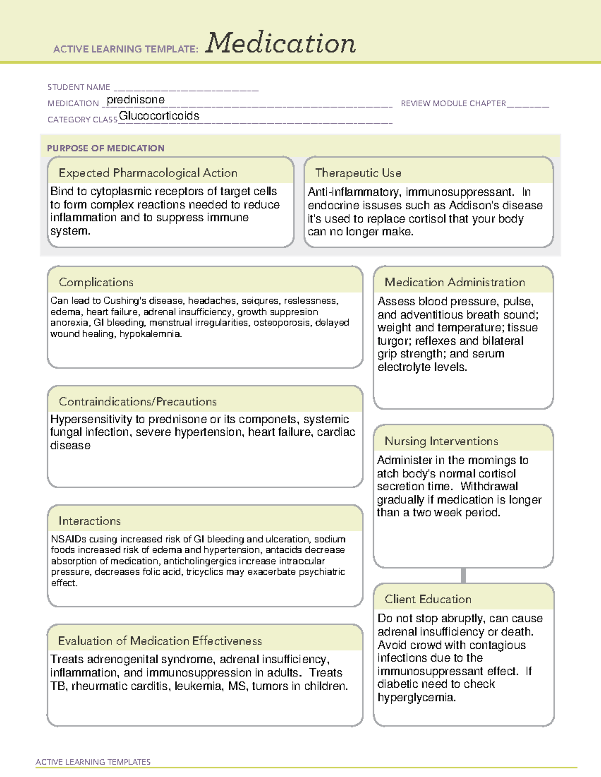 Prednisone ATI Templet ACTIVE LEARNING TEMPLATES Medication STUDENT