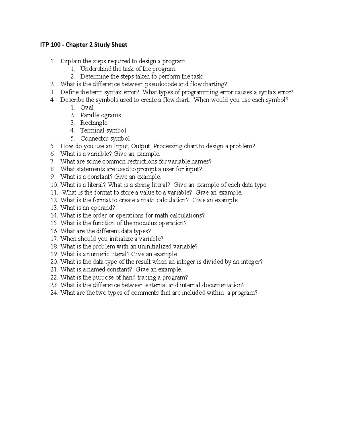 ITP 100 - Chapter 2 Study Sheet - ITP 100 - Chapter 2 Study Sheet ...