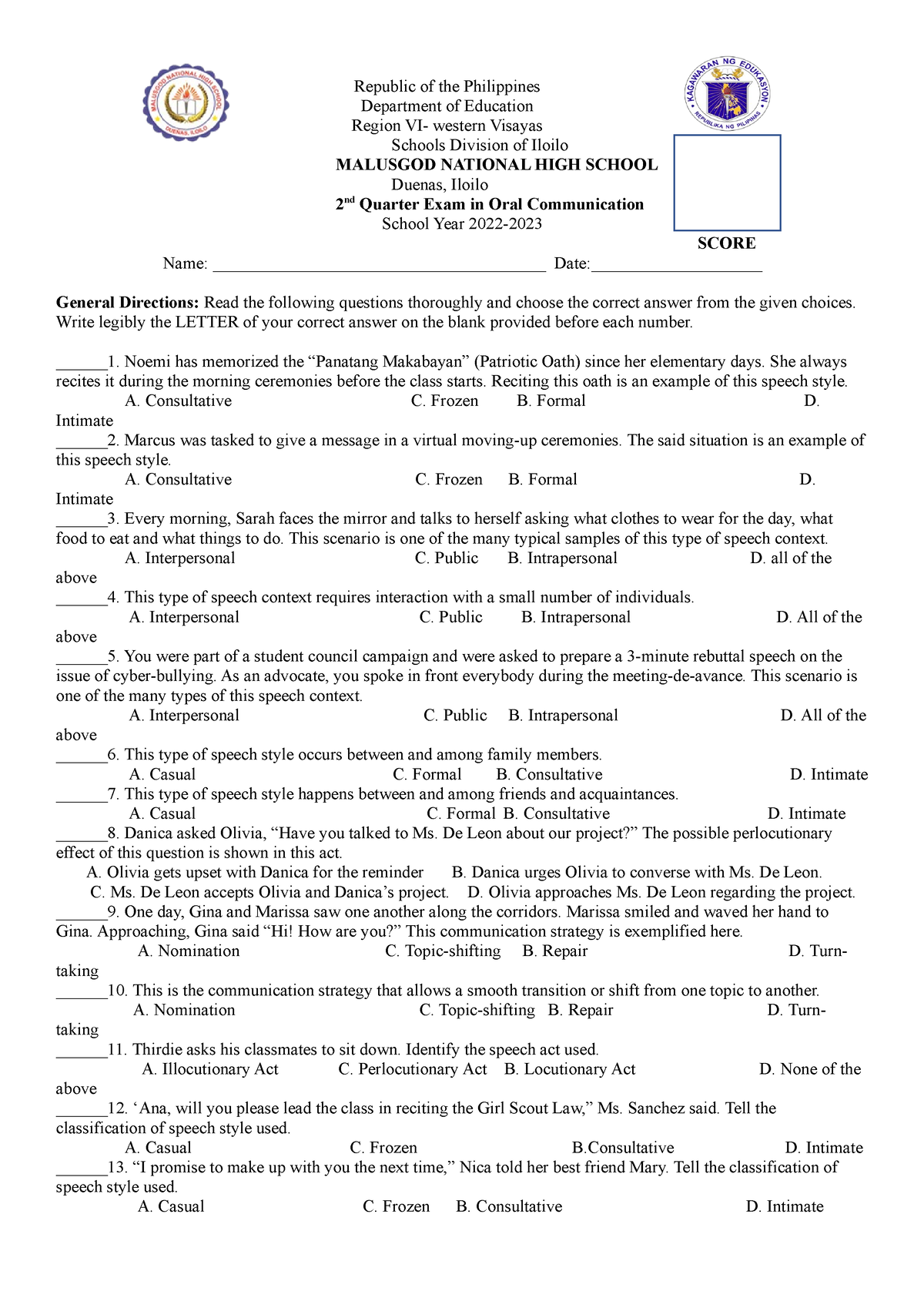 exam in oral communication - Republic of the Philippines Department of ...