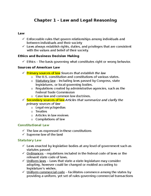 Business Law Ch 1 - Lecture Notes 1 - Law - Enforceable Rules Governing ...