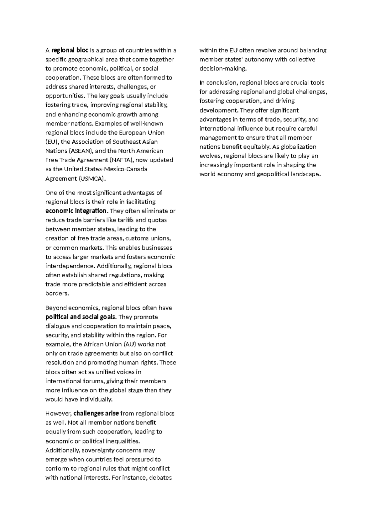Regional Bloc notes - A regional bloc is a group of countries within a ...
