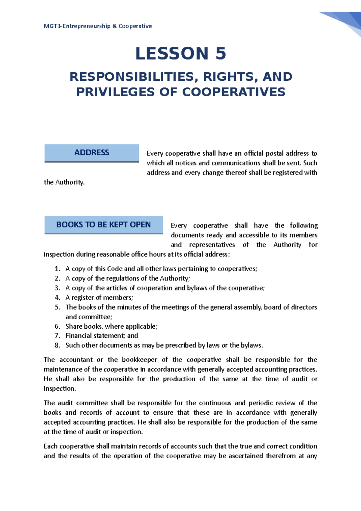 Cooperative Lesson 5 LESSON 5 RESPONSIBILITIES RIGHTS AND 