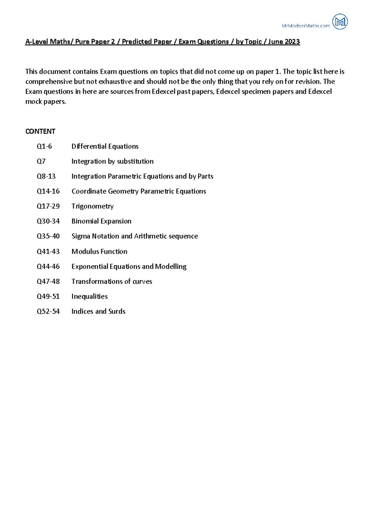 A-level Maths Pure Paper 2 Predicted Paper June 2023 - A-Level Maths ...
