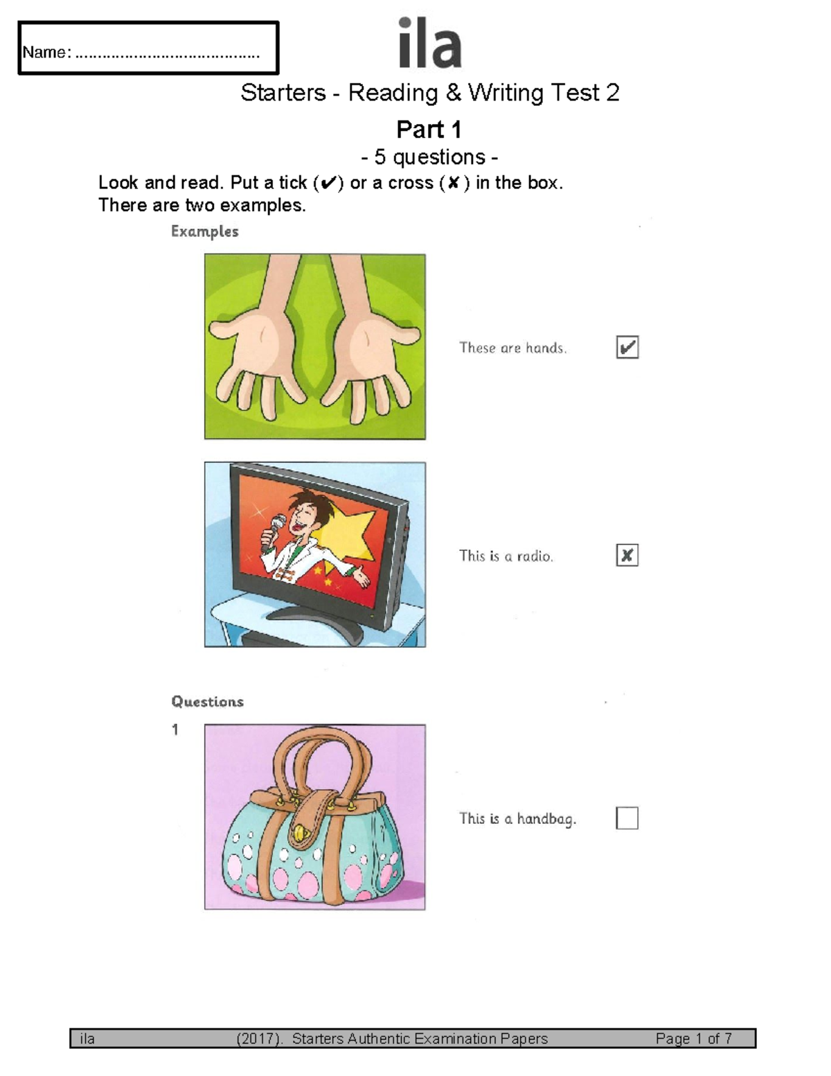 Cambridge Starters R&W test 2 MOVER Cambridge Starters Reading