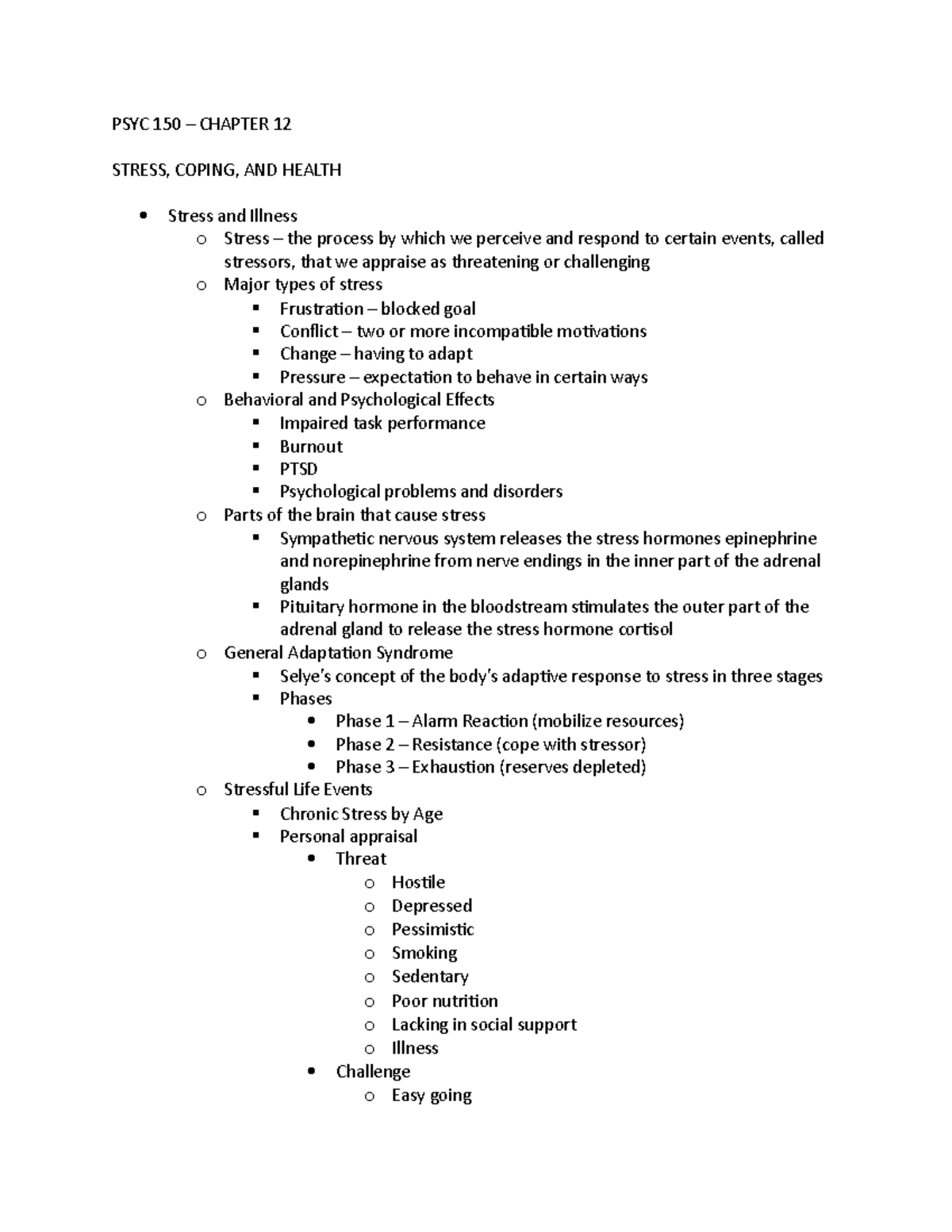 PSYC 150 CHAPTER 11 - PSYC 150 – CHAPTER 12 STRESS, COPING, AND HEALTH ...