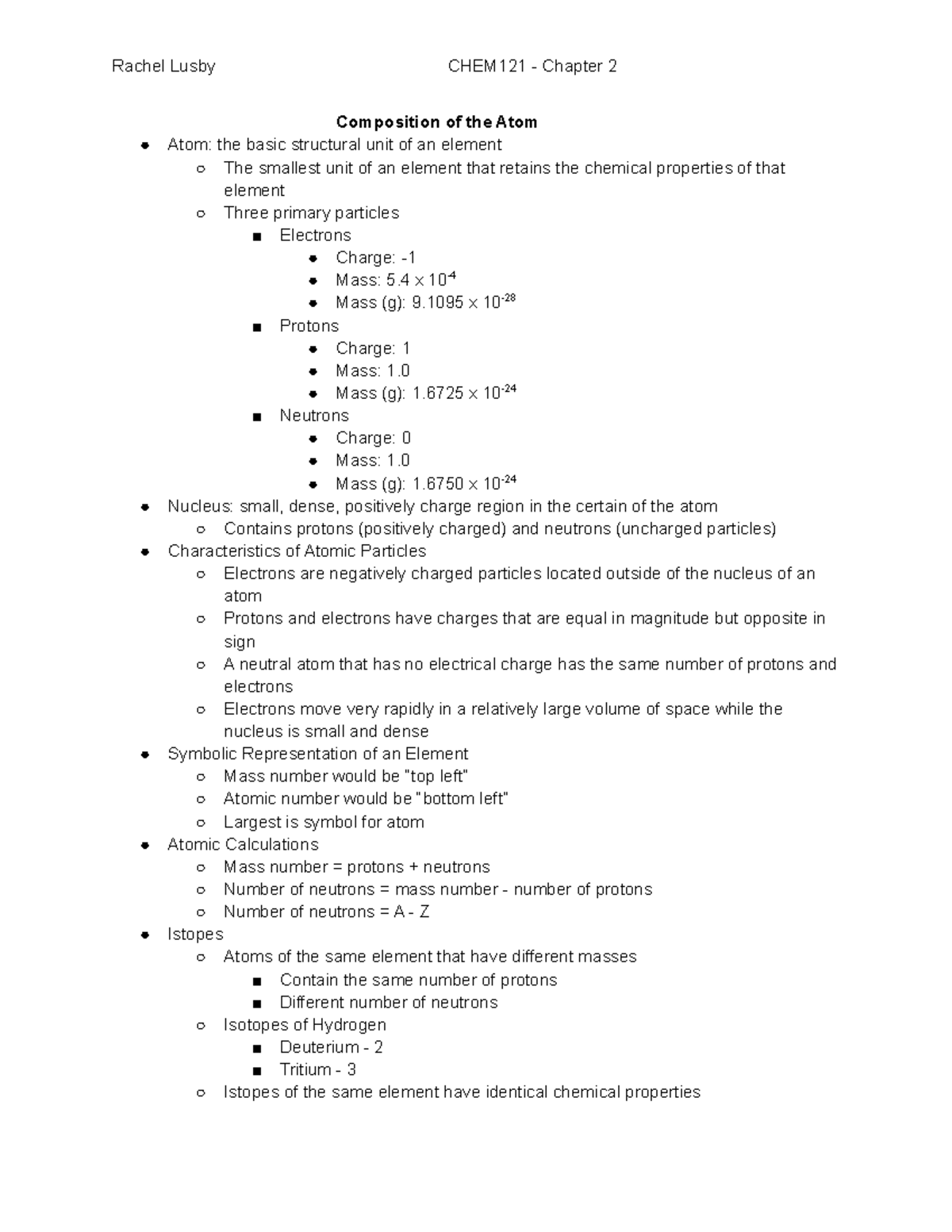 Chapter 2 Notes - Rachel Lusby - Composition of the Atom Atom: the ...