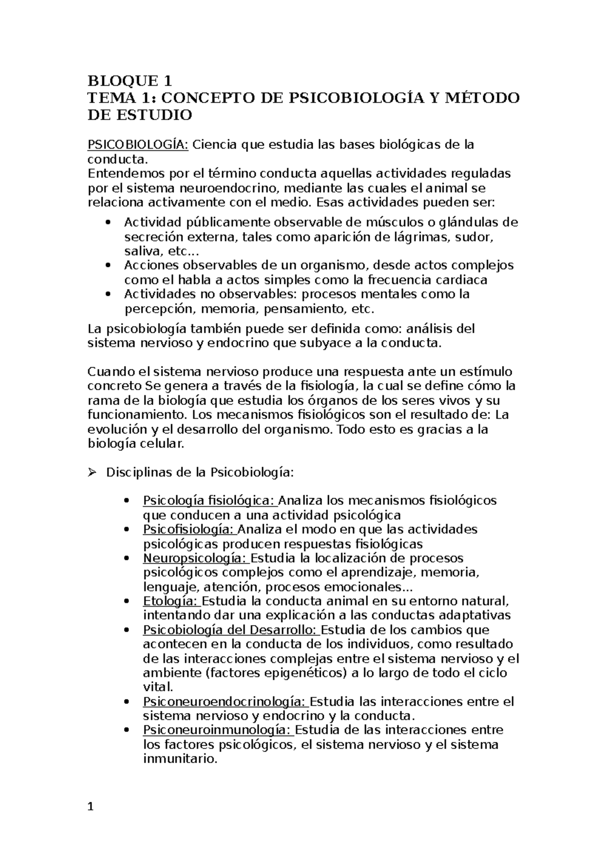 TEMA 1-Psicobiología - Tema 1 - BLOQUE 1 TEMA 1: CONCEPTO DE ...