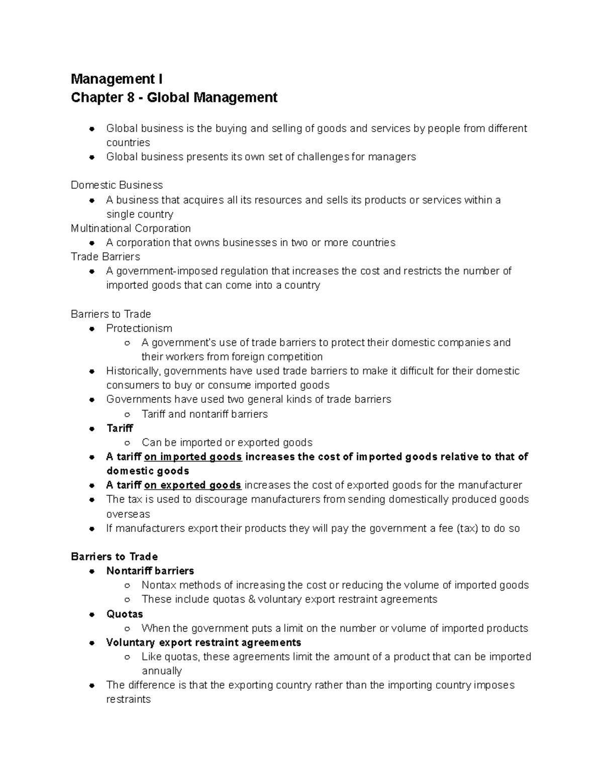 Chapter 8 - Management I - Management I Chapter 8 - Global Management ...