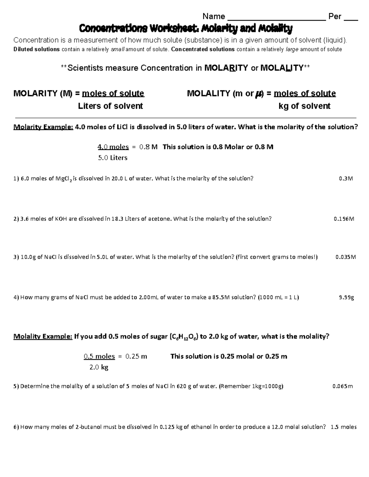 Molarity molality worksheet - Name Per ___ Concentrations Worksheet:  Molarity - Studocu