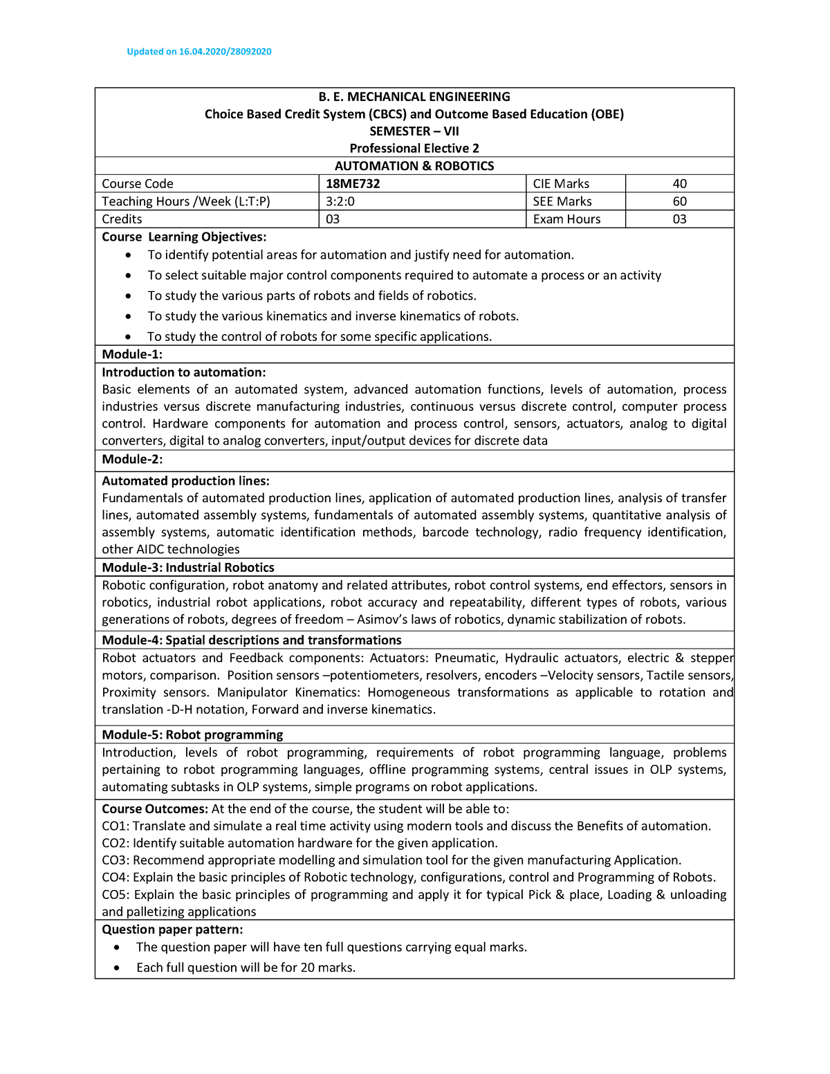 18me732 Automation And Robotics Syllabus - Updated On 16.04  B. E 