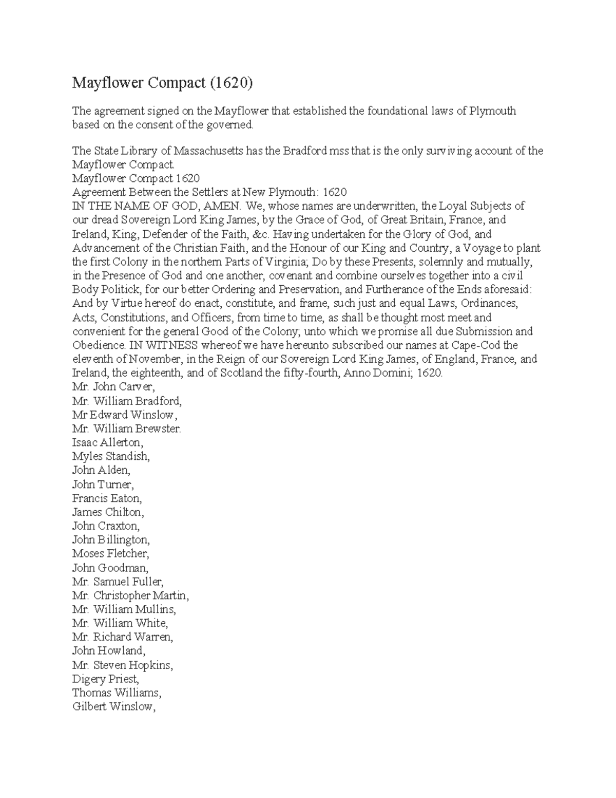 key word Mayflower Compact (1620) The agreement signed on the Mayflower