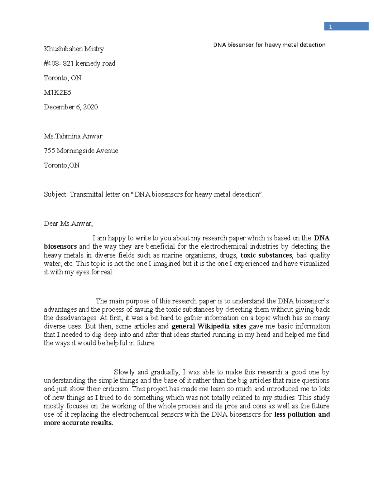 Part B Letter of transmittal khushibahen - 1 DNA biosensor for heavy ...