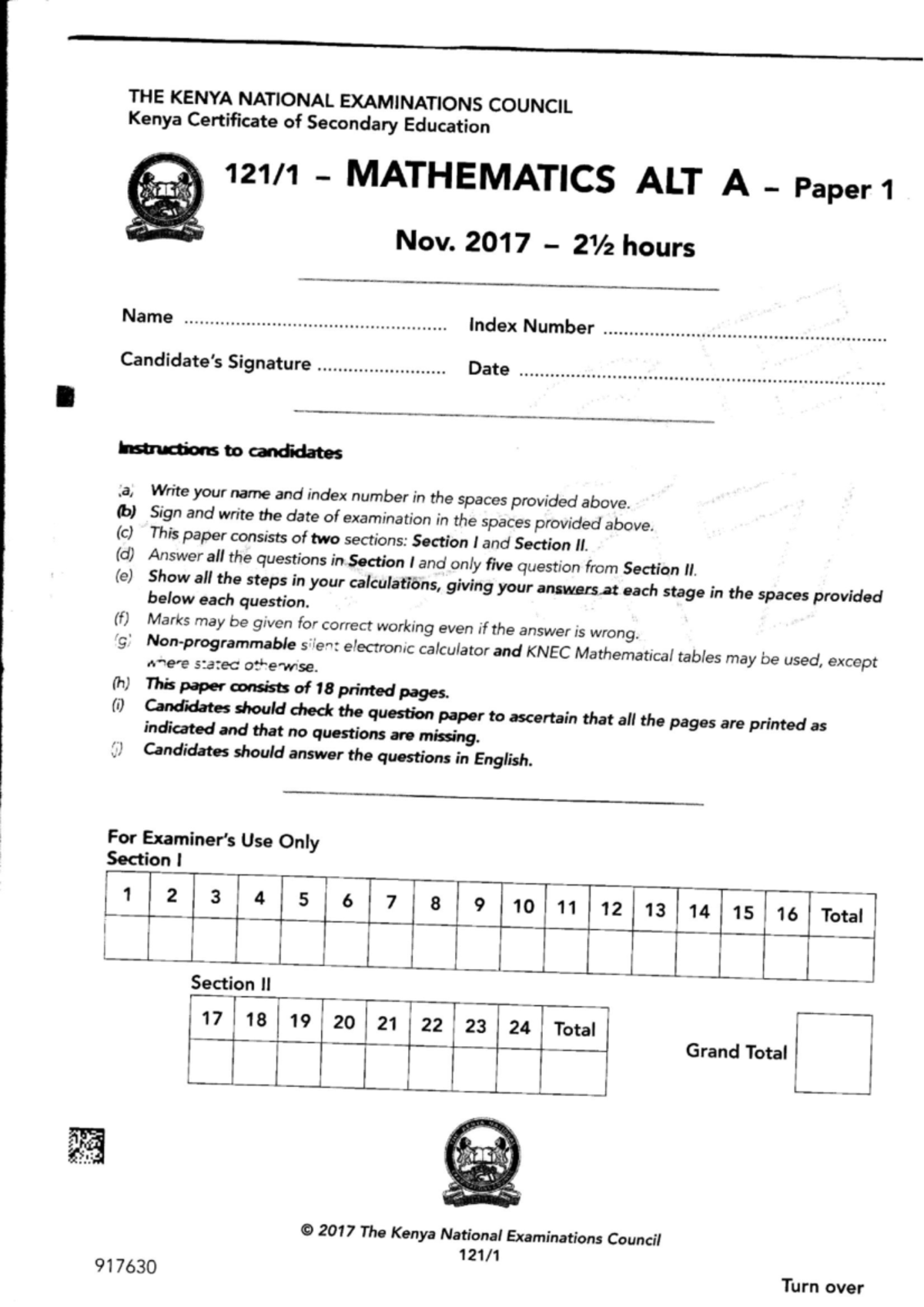 KCSE-2017- Mathematics-ALT.-A-PP1 - THE KENYA NATIONAL EXAMINATIONS ...