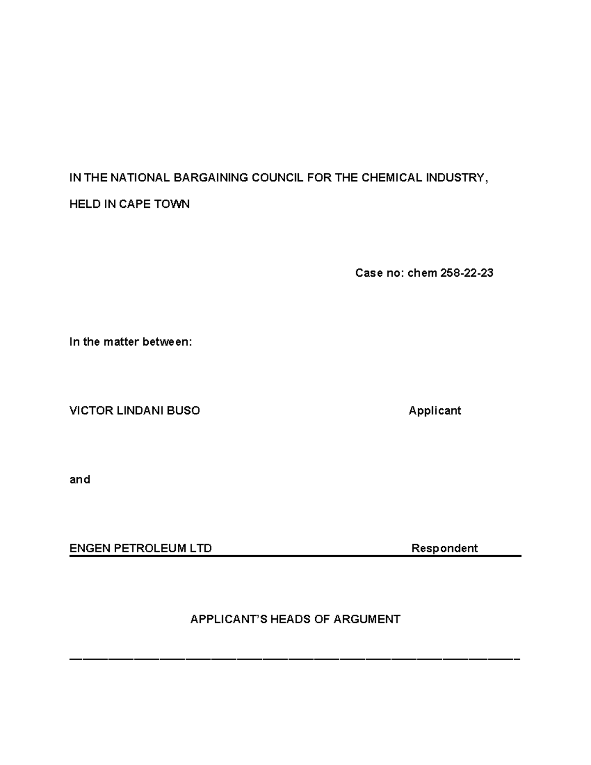 Buso closing arguments IN THE NATIONAL BARGAINING COUNCIL FOR THE