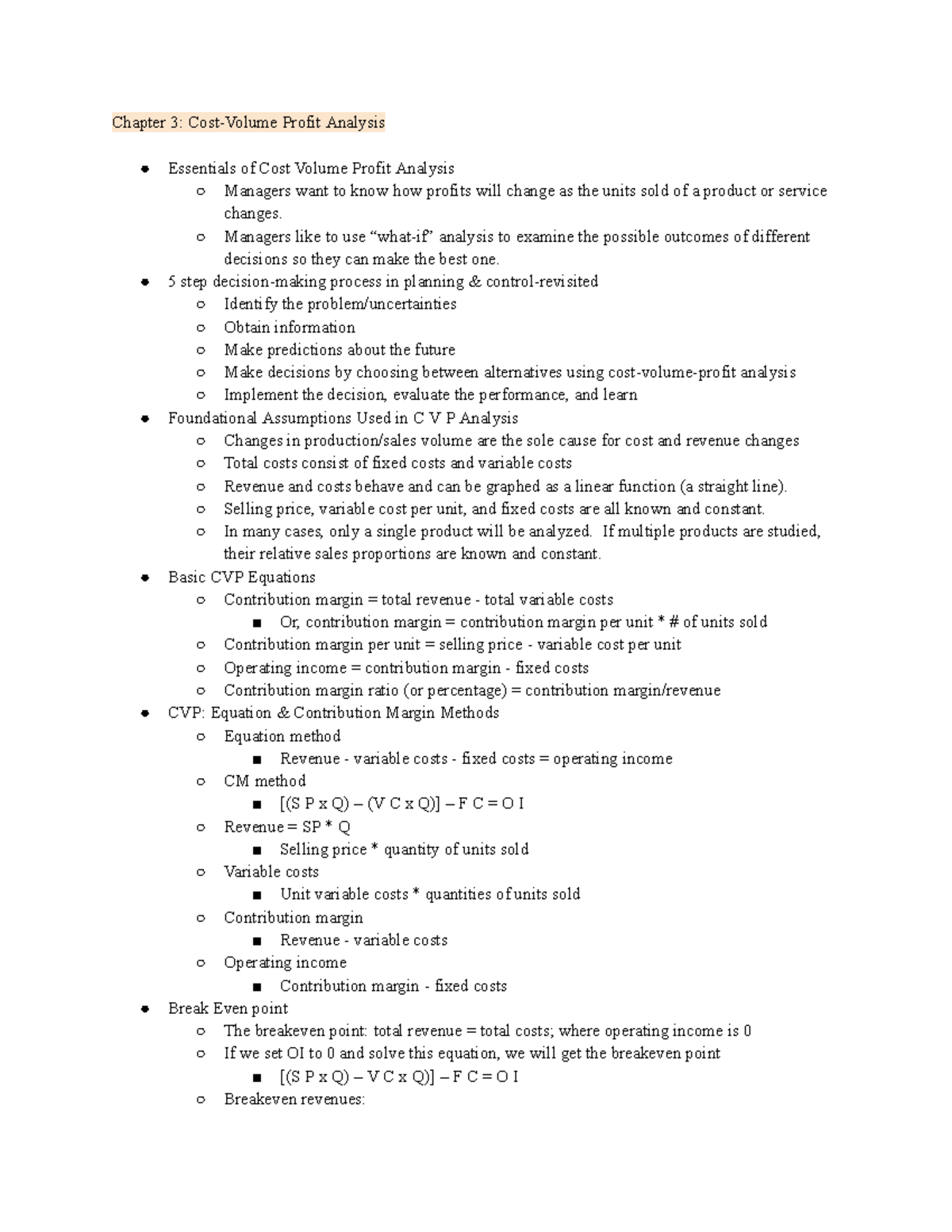 ACCT - Chapter 3 Notes - Chapter 3: Cost-Volume Profit Analysis ...