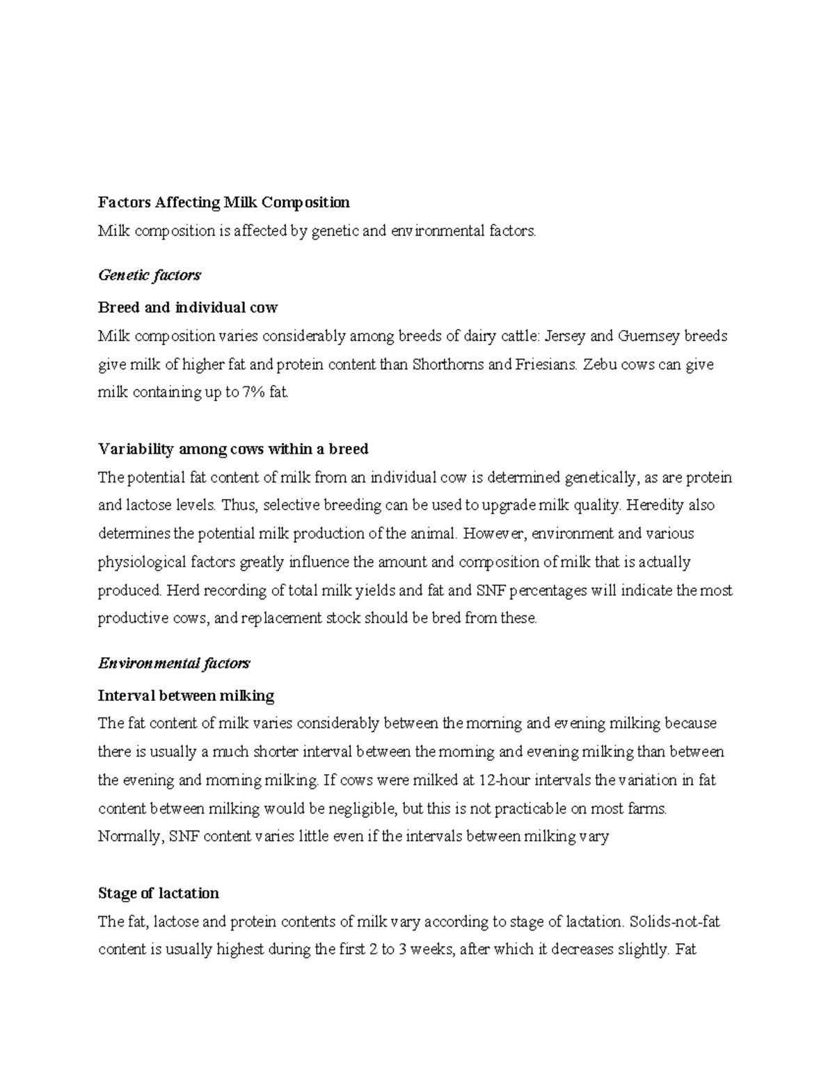 Factors Affecting Milk Composition and Milk Yield - Factors Affecting ...