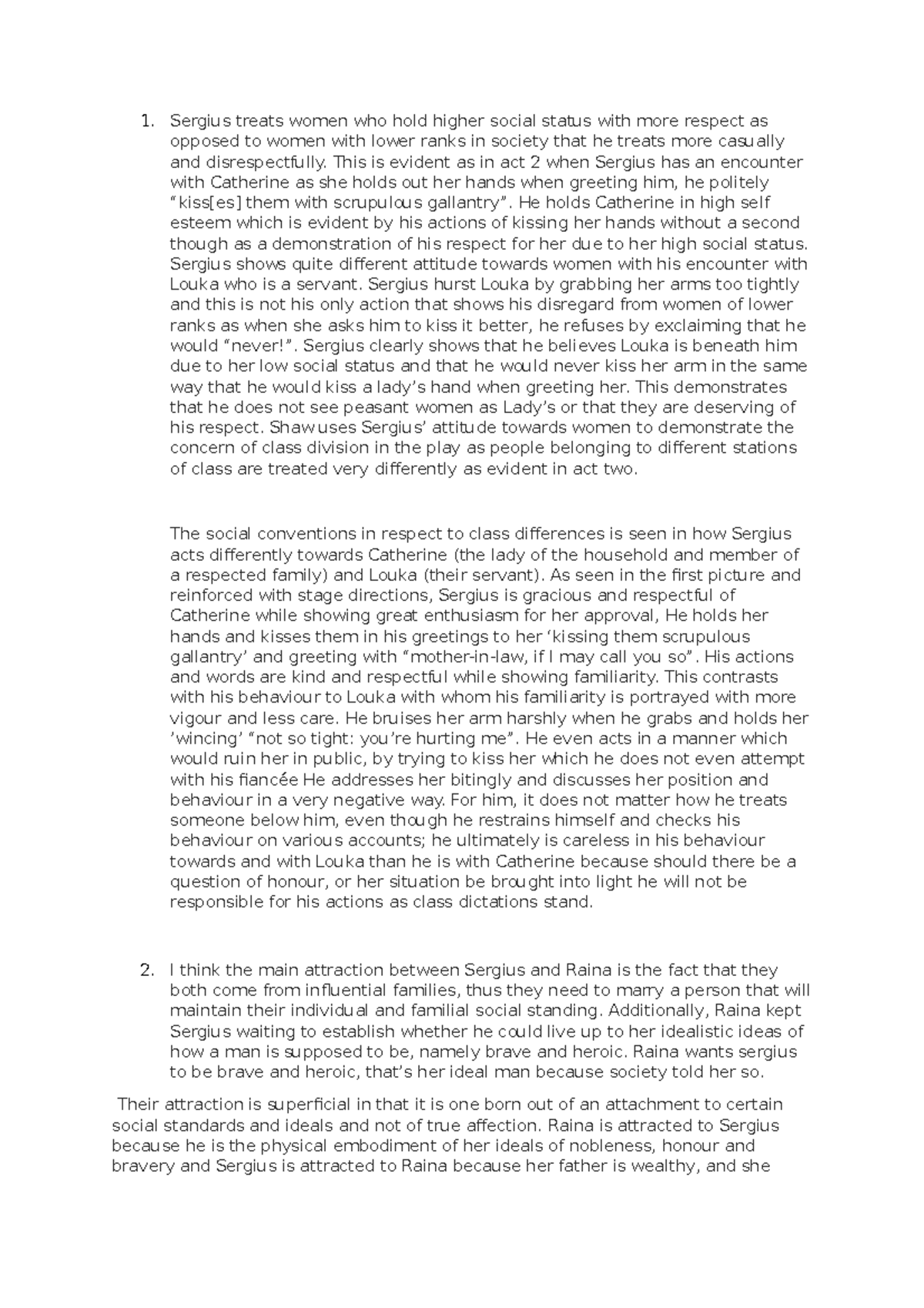 Arms and The Man worksheet english book Sergius treats women who hold