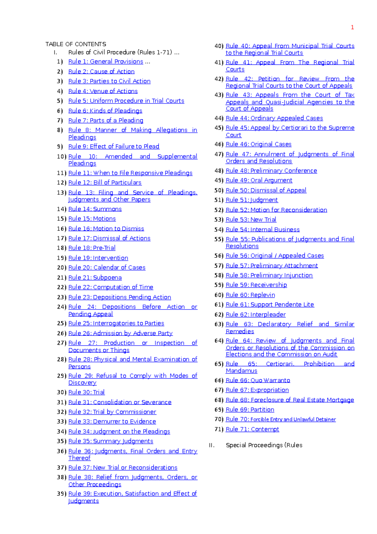 1997 rules of court project - TABLE OF CONTENTS I. Rules of Civil ...