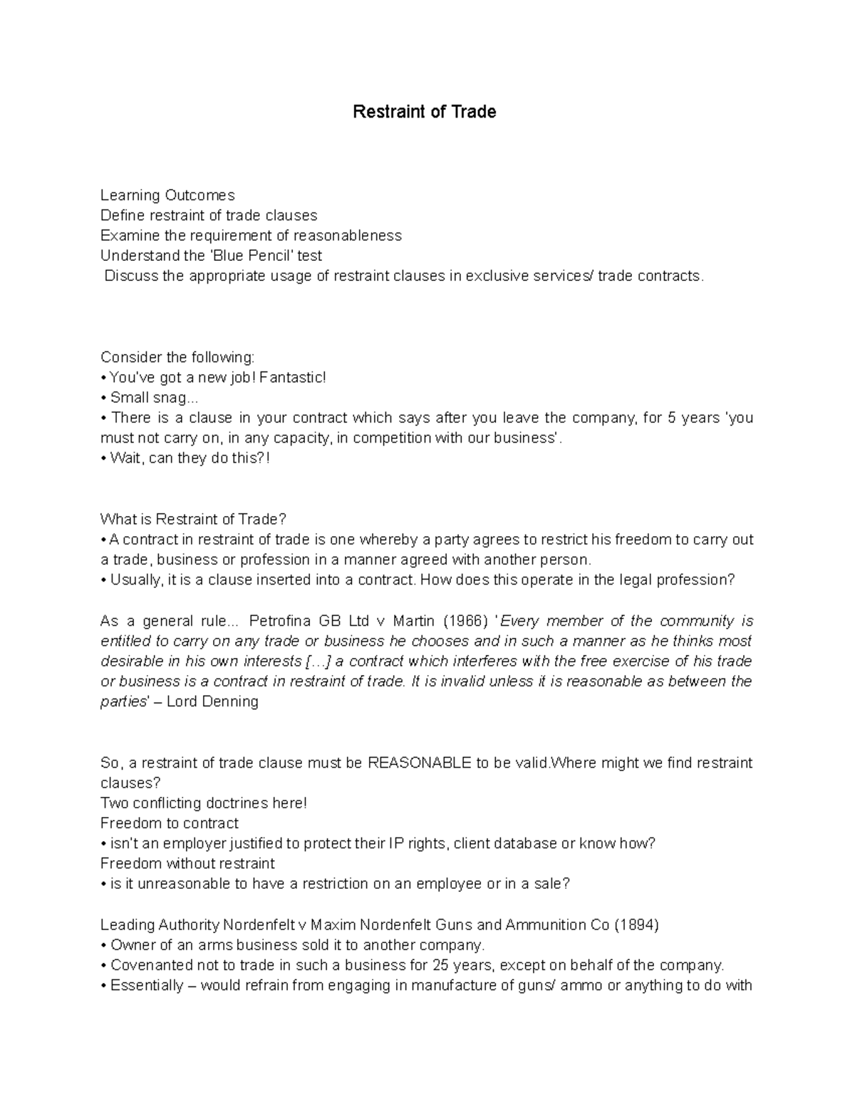 Restraint Of Trade Restraint Of Trade Learning Outcomes Define Restraint Of Trade Clauses