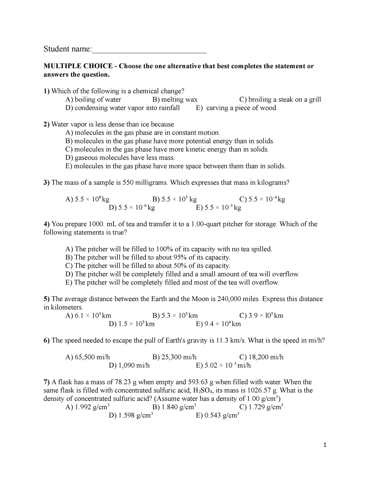 C105 Exam 1 - Fall 23 General Chemistry 105 Exam 1 With Answer Key ...