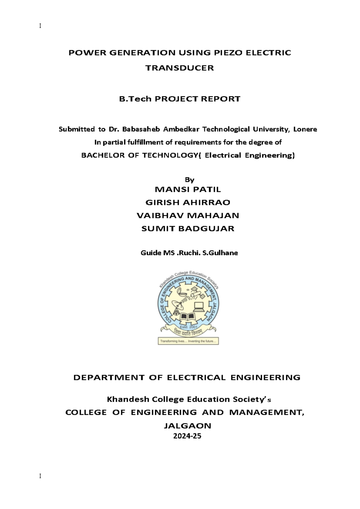 Summary Report for Electrical engineering in Diploma - I I POWER ...