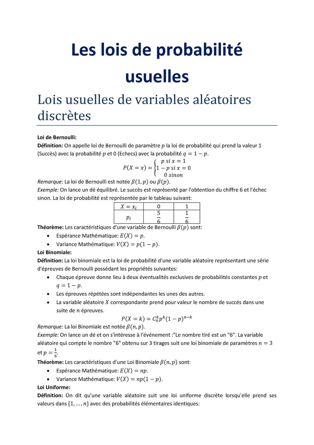 Chapitre 3 - Résumé Des Lois Usuelles De Probabilité. - Les Lois De ...