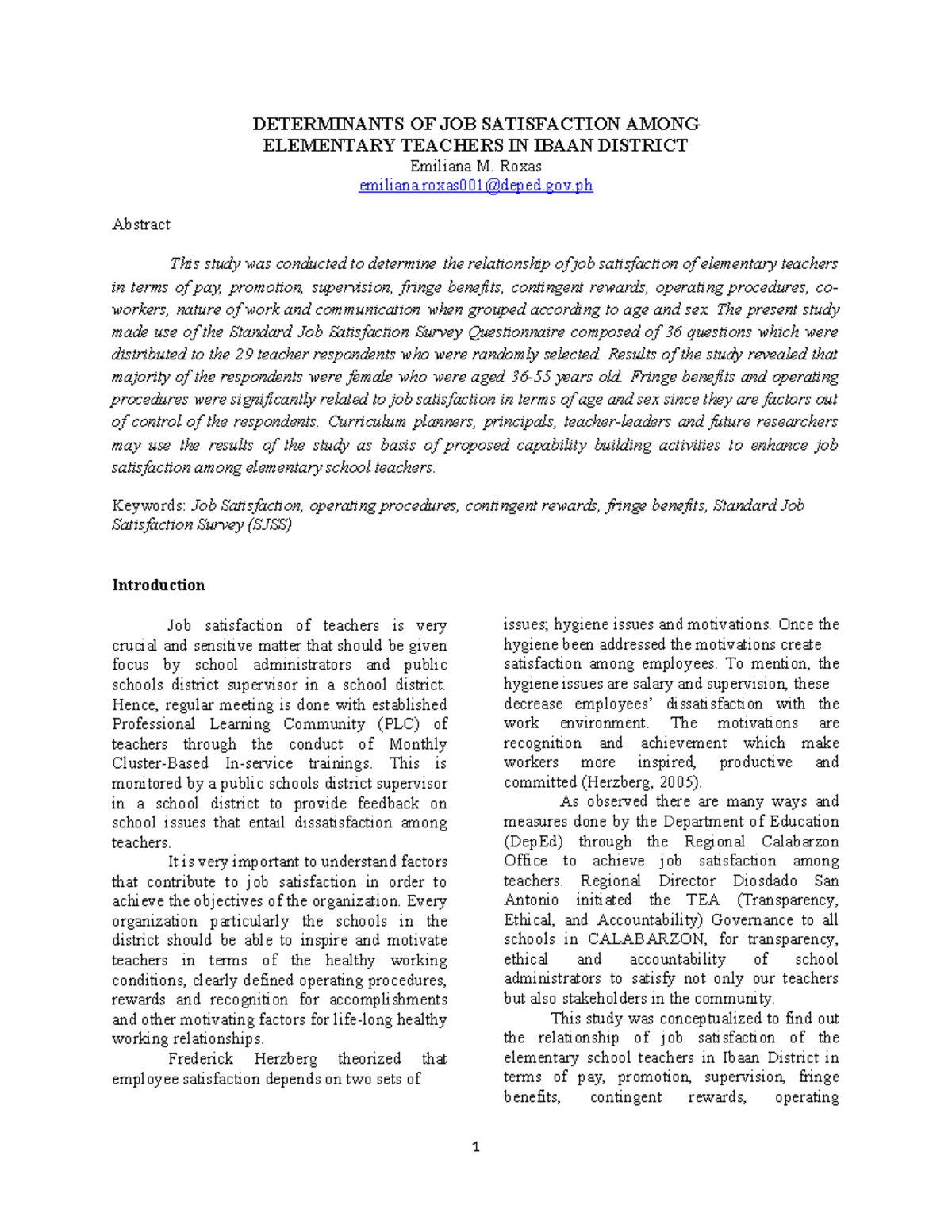 Determinants of Job Satisfaction Among Elementary Teachers ...