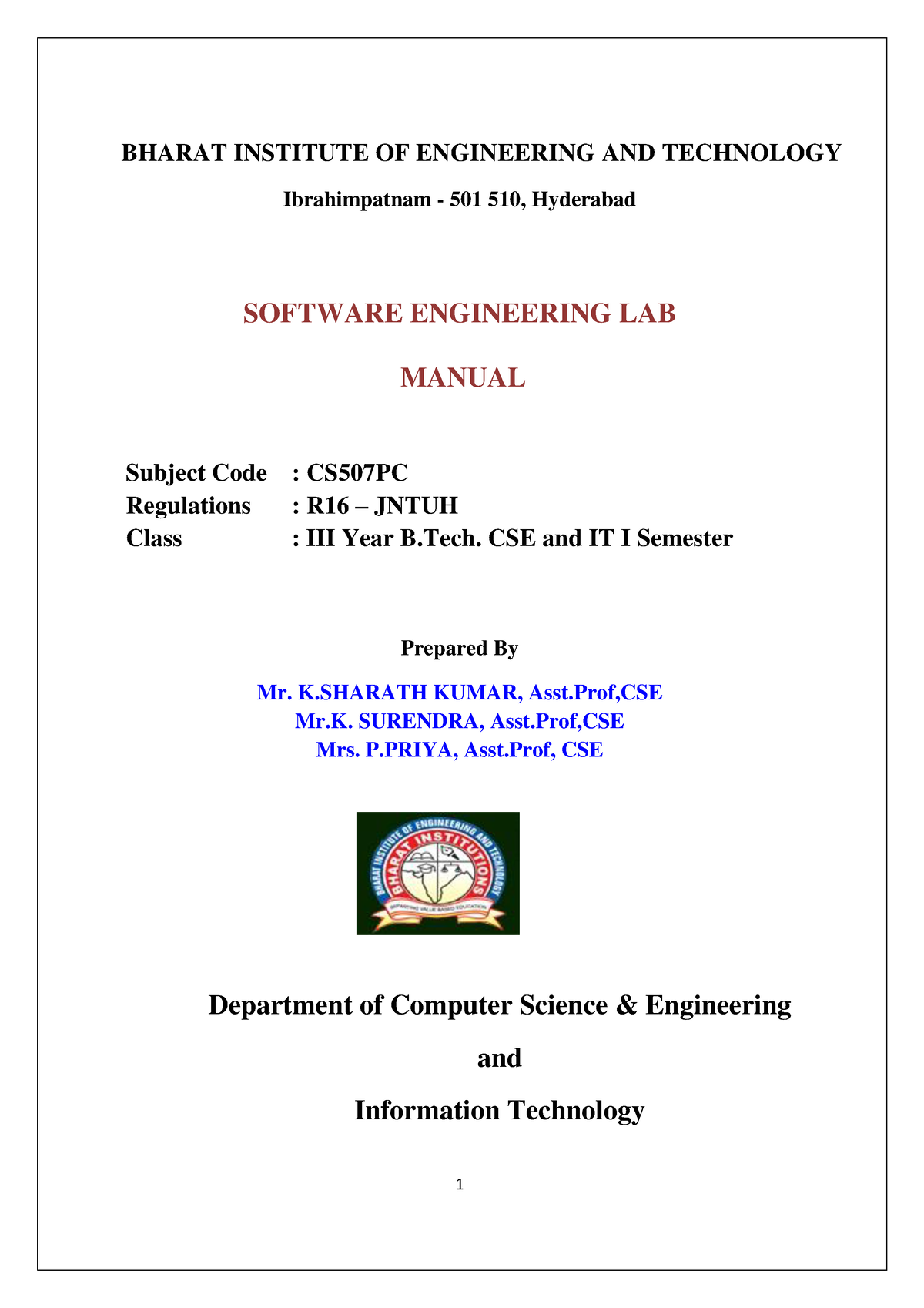 Software Engineering LAB Manual (R16) - BHARAT INSTITUTE OF ENGINEERING ...