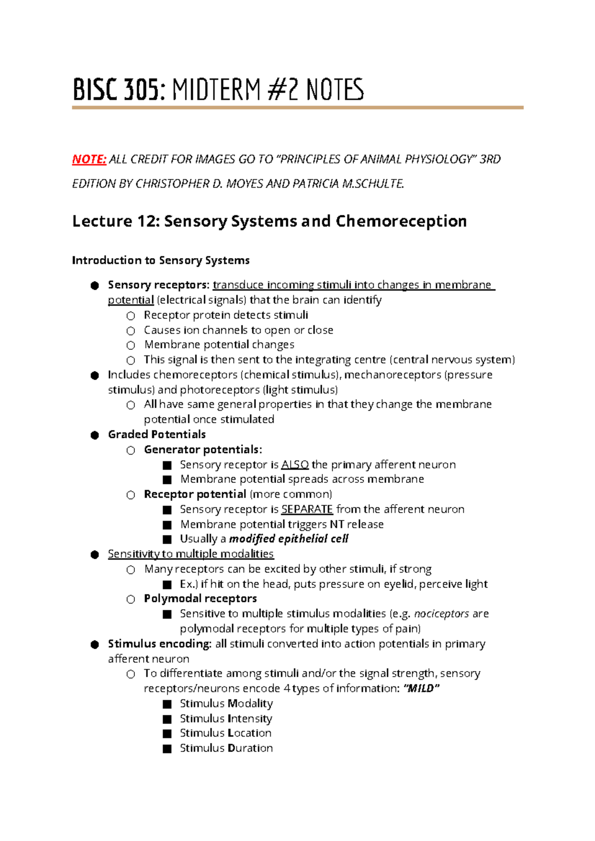 BISC 305 Midterm #2 Notes - BISC 305: MIDTERM #2 NOTES NOTE: ALL CREDIT ...