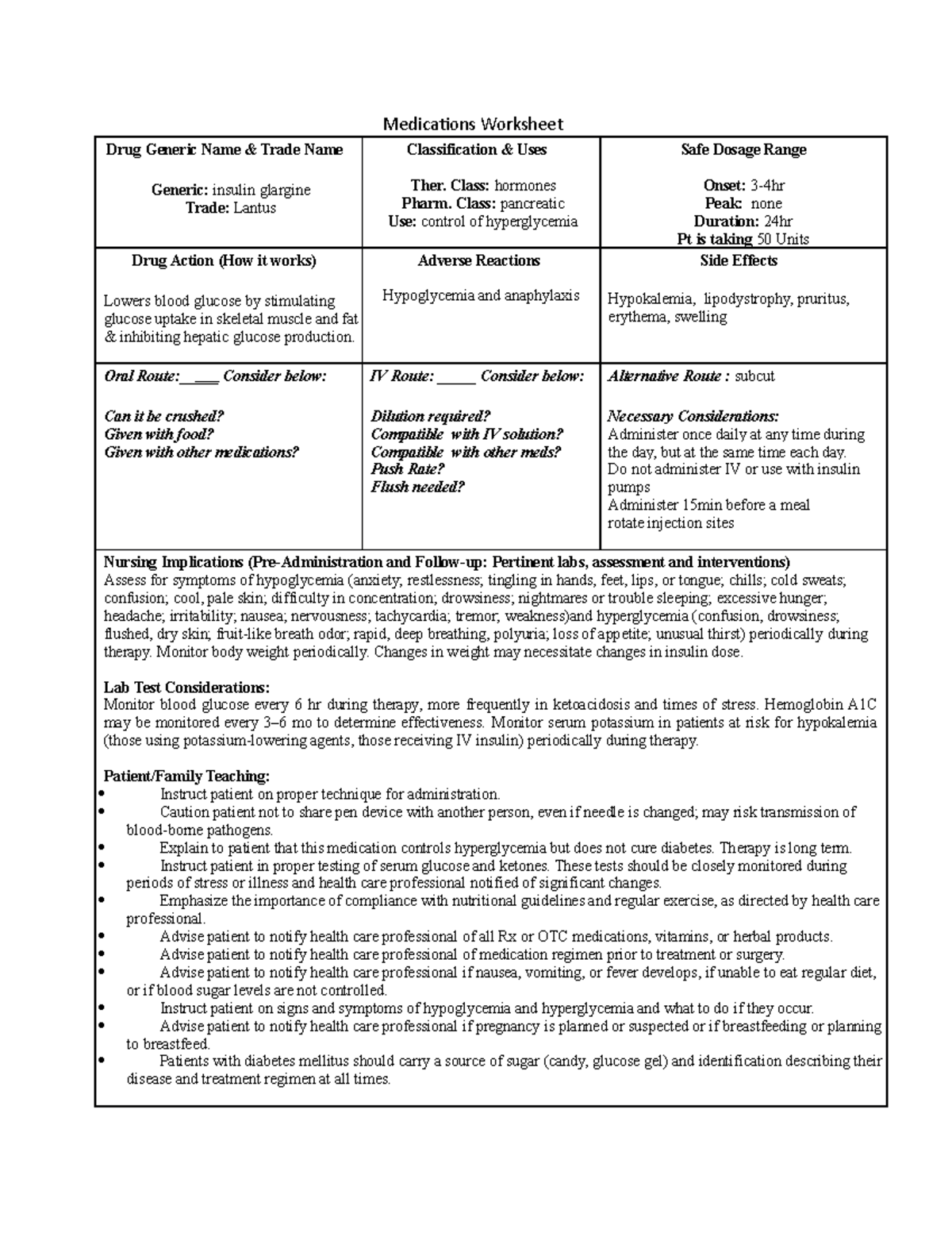 Lantus - Medications Worksheet Drug Generic Name & Trade Name Generic ...