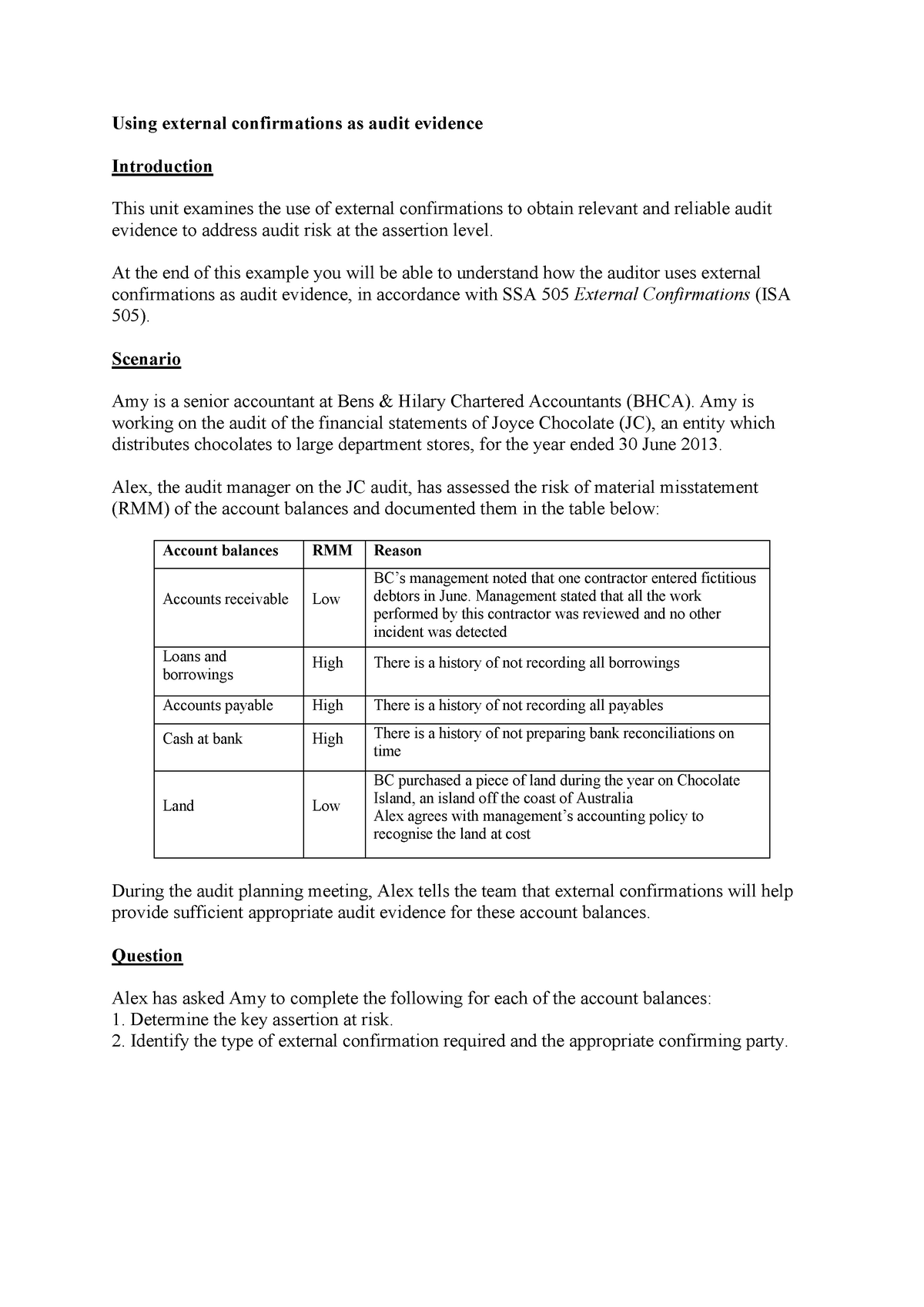 Case-Joyce Chocolate (SSA 505)-Using external confirmations as audit ...