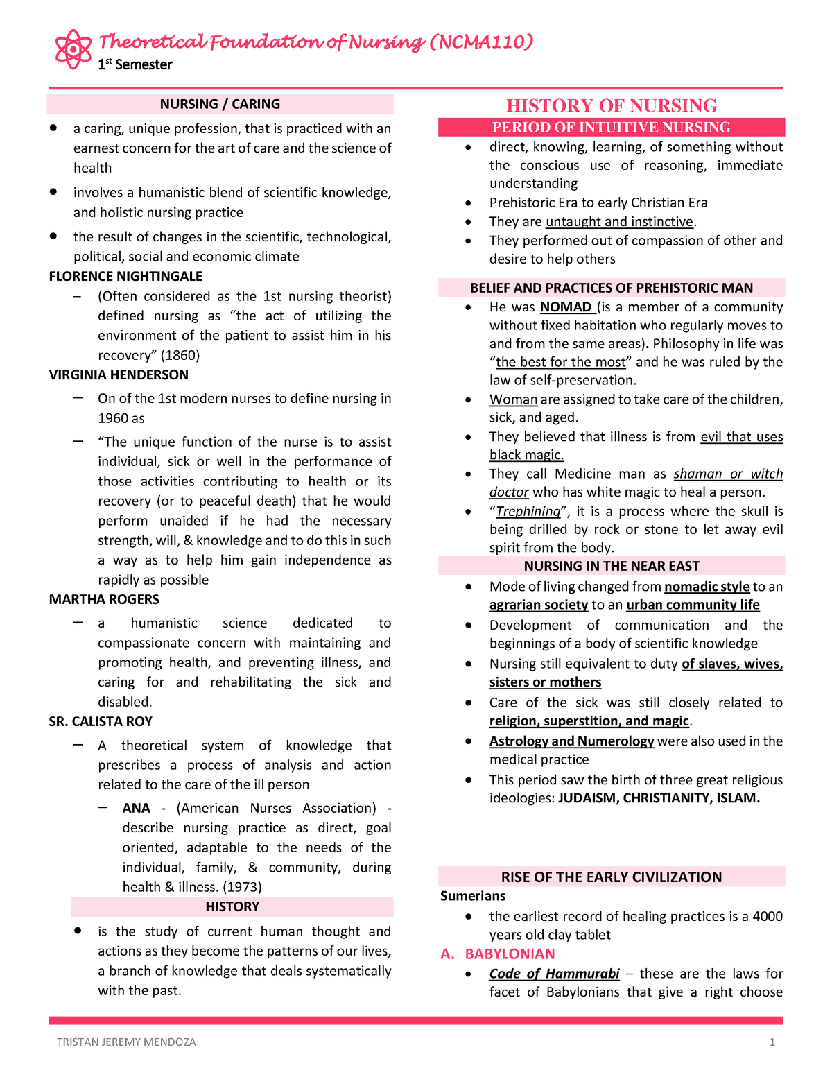 Theoretical Foundation of Nursing Preliminary Topics - 1 st Semester ...