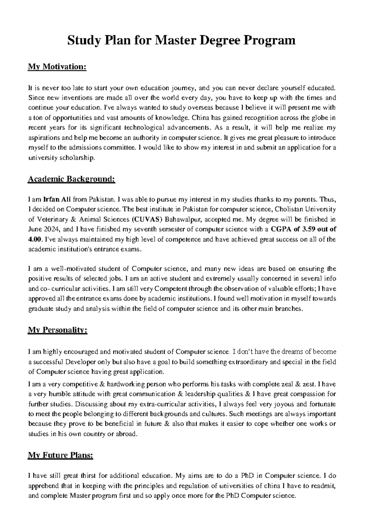 Study Plan Irfan Ali - Study Plan for Master Degree Program My ...