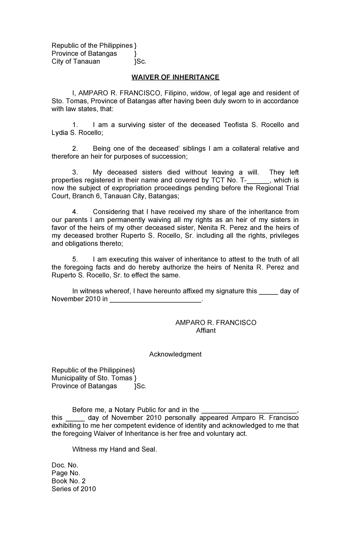 Scribd - Waiver Of Inheritance - Republic Of The Philippines } Province ...