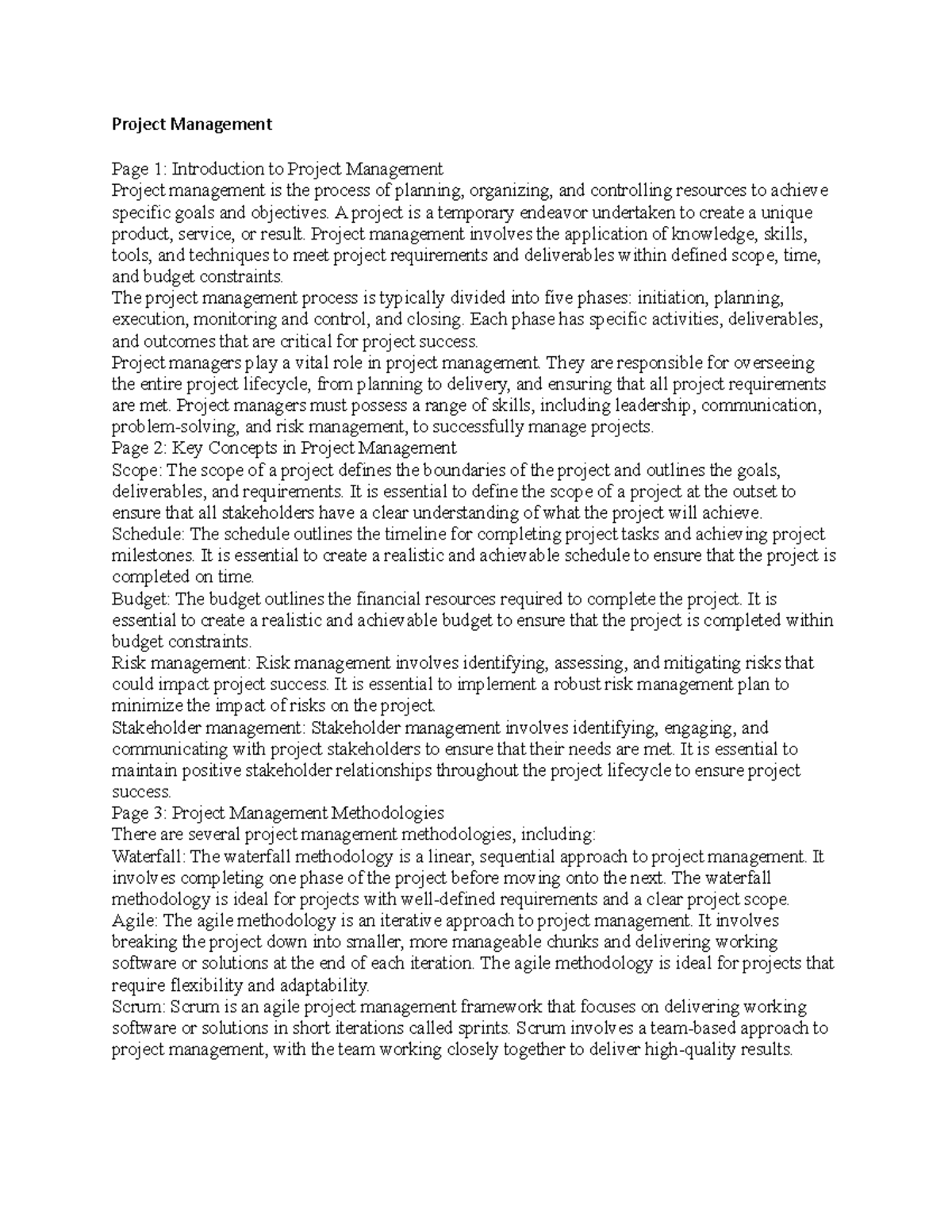 Project Management notes - Project Management Page 1: Introduction to ...