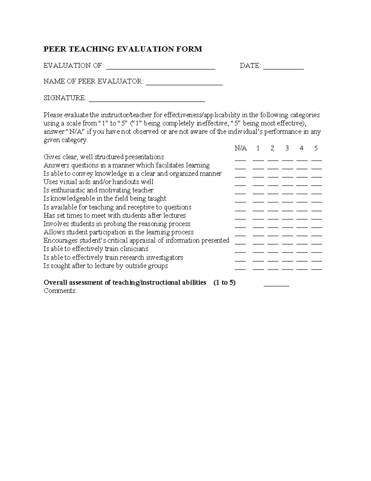 Peer Teaching Evals Form - WORD - PEER TEACHING EVALUATION FORM ...