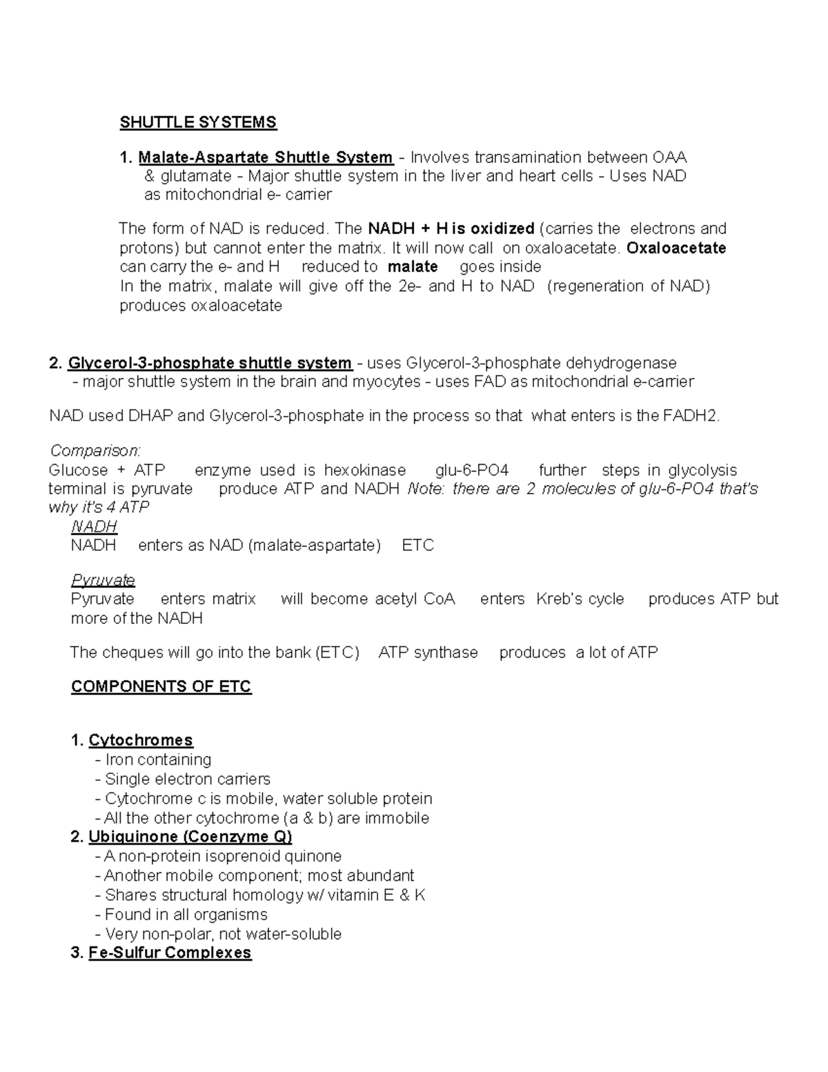 Shuttle Systems - notes - SHUTTLE SYSTEMS 1. Malate-Aspartate Shuttle ...