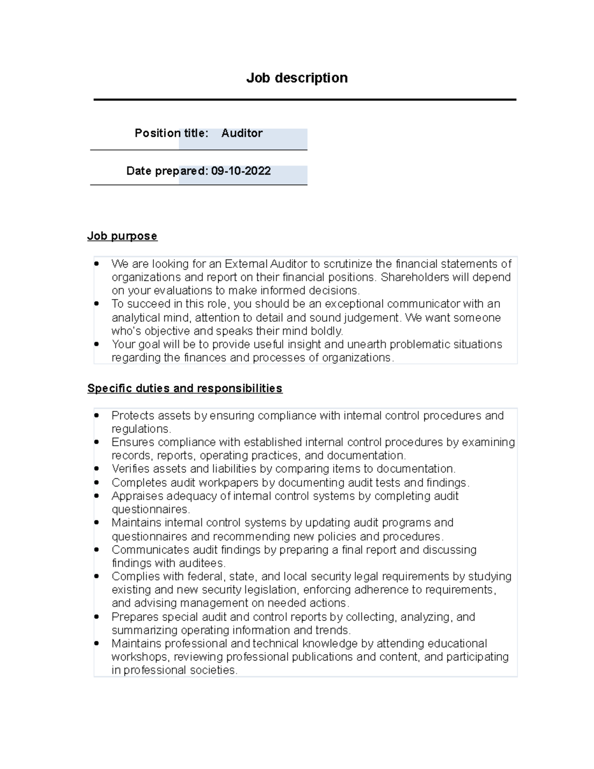 Simple Job Description Template - Position title: Auditor Date prepared ...