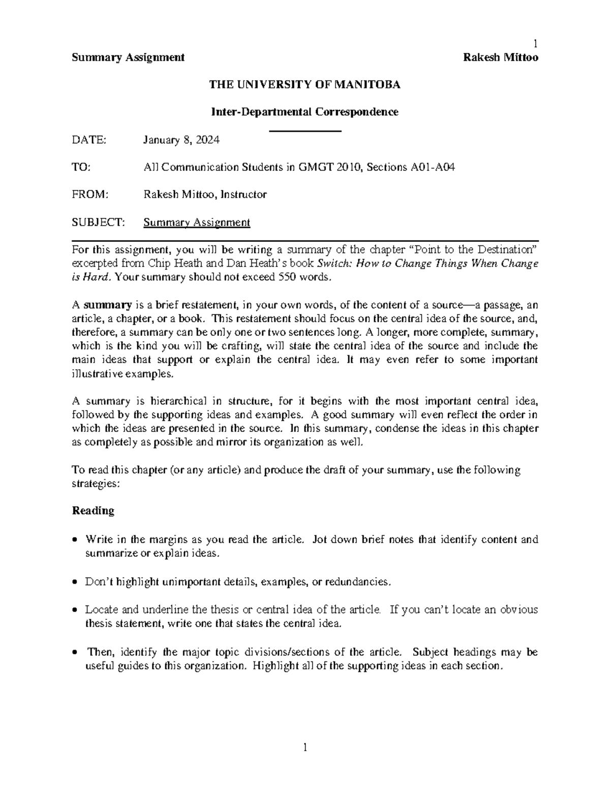 Summary Assignment and Lecture W S24 - Summary Assignment Rakesh Mittoo ...