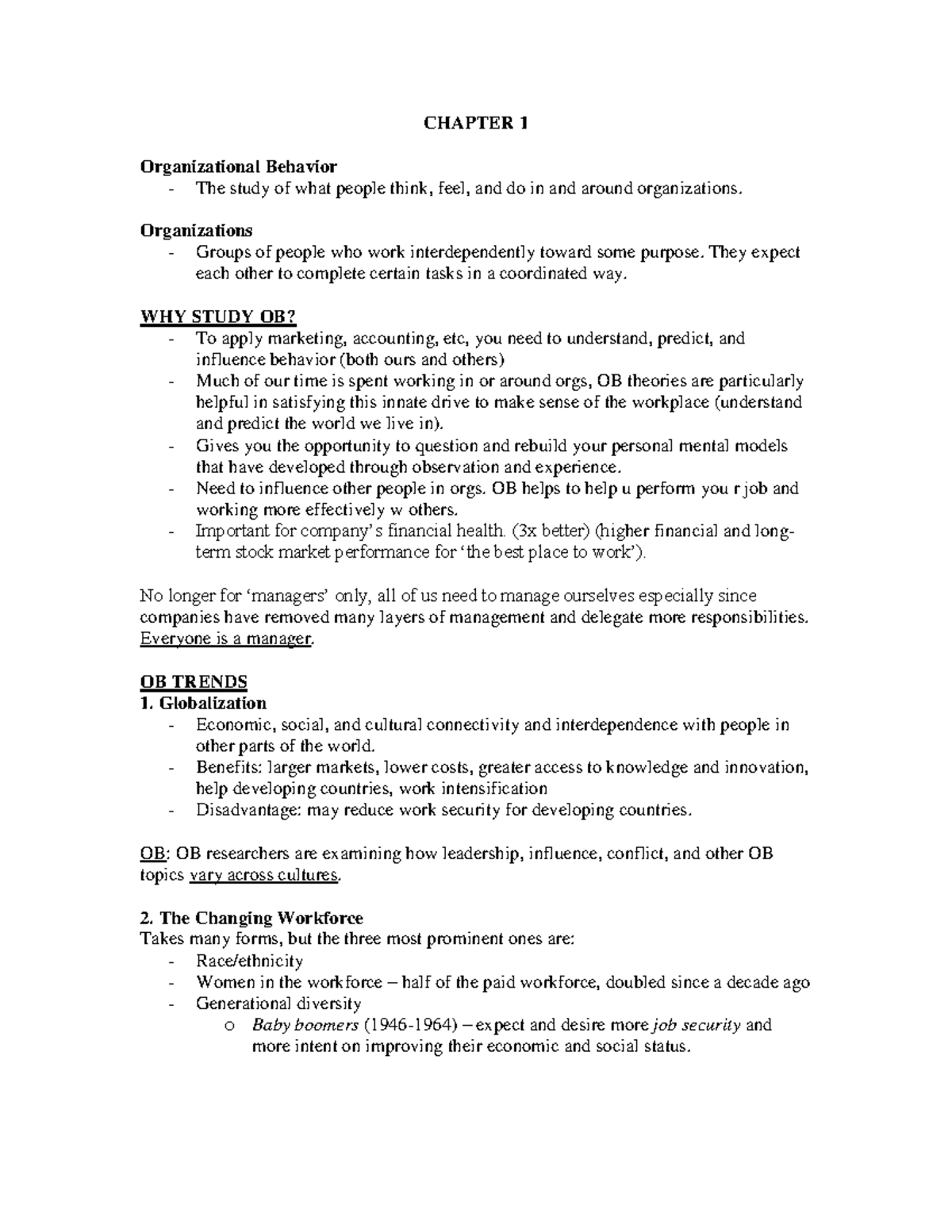 OB-Notes - Lecture notes 1-12 - CHAPTER 1 Organizational Behavior - The ...