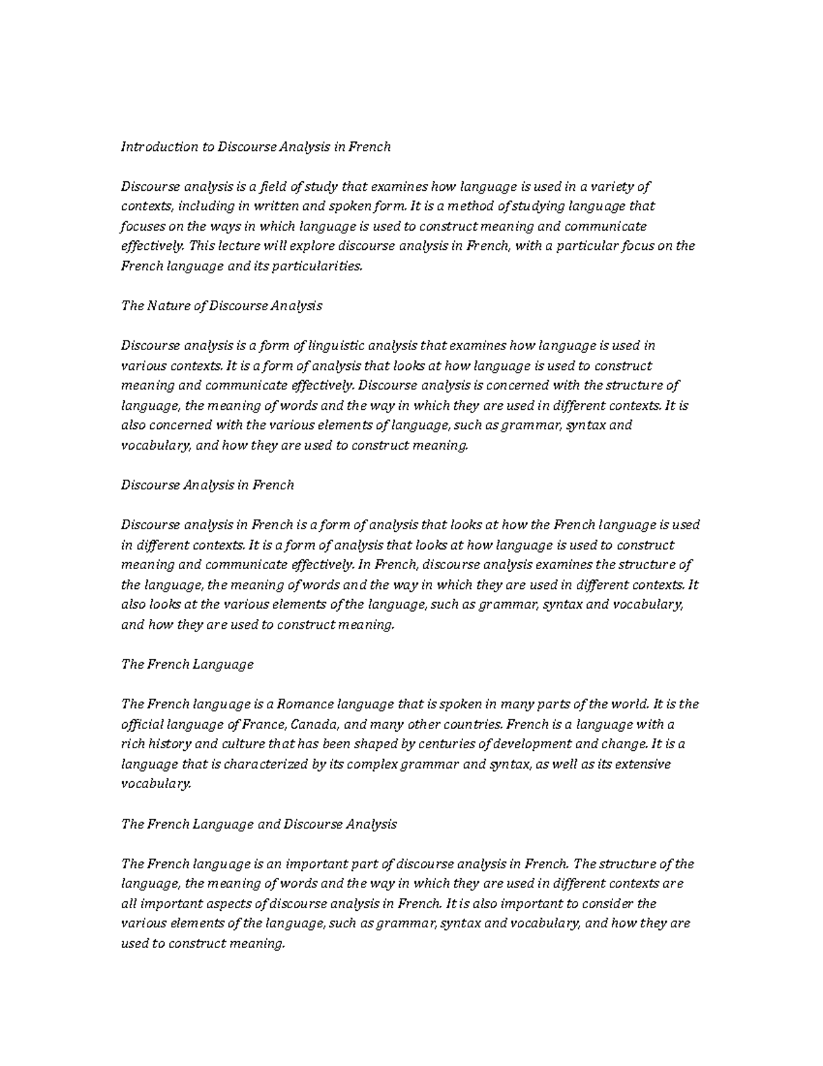 Discourse Analysis Notes de cours Introduction to Discourse Analysis