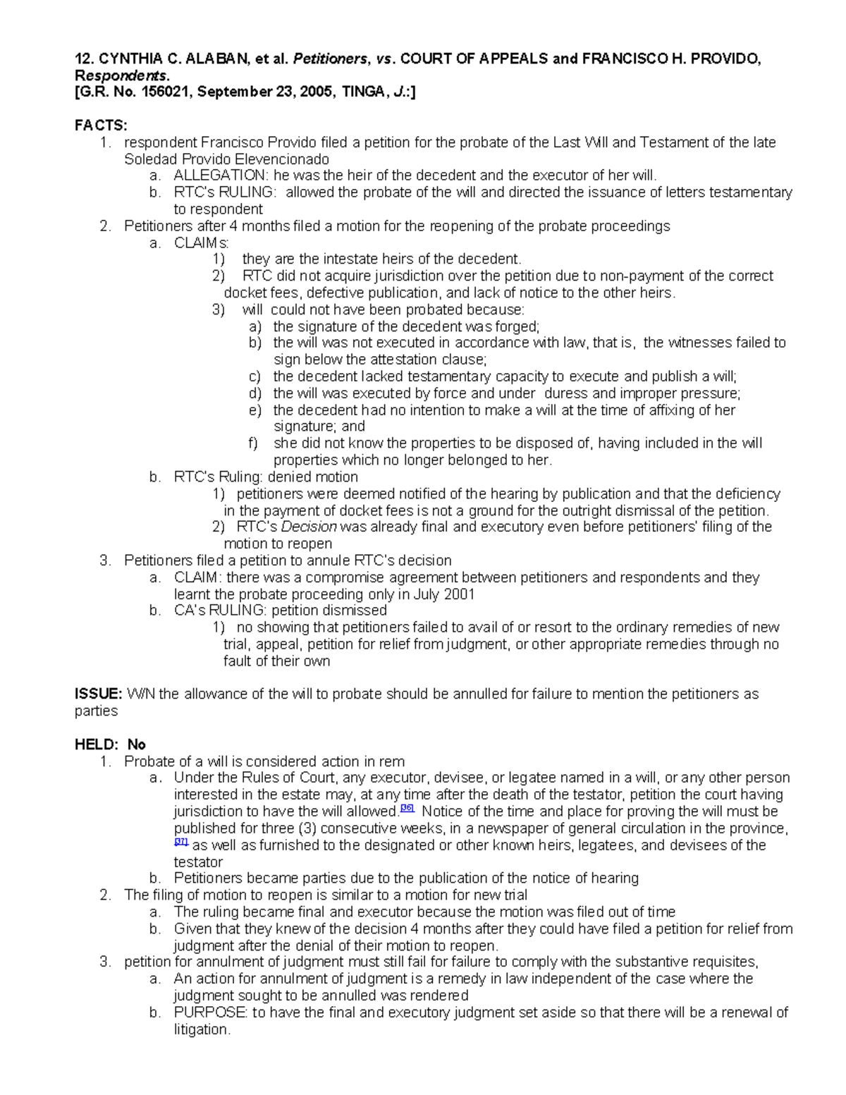 Digested Case for Special Proceedings - 12. CYNTHIA C. ALABAN, et al ...