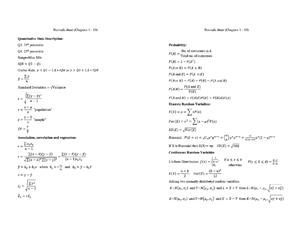 Formula Sheet Chapters 1 to 10 - Commerce 1DA3 Business Data Analytics ...