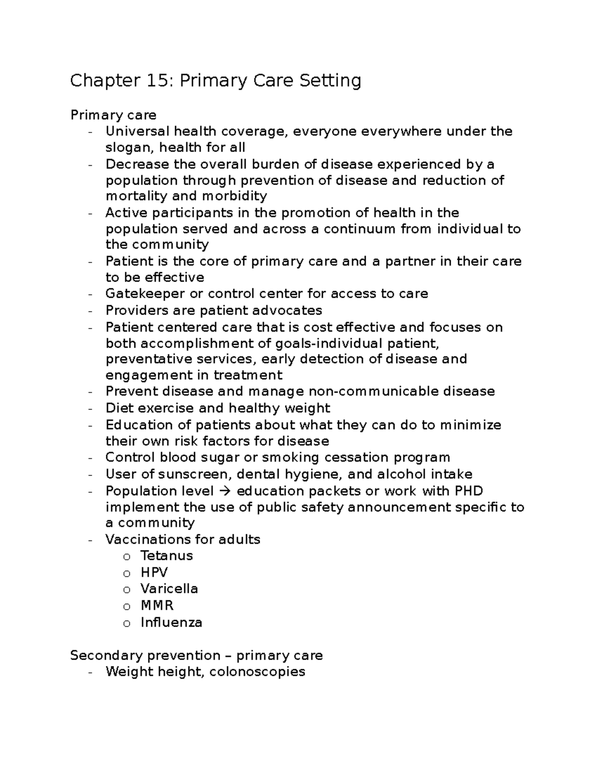 Community Health Exam 4 3 - Chapter 15: Primary Care Setting Primary ...