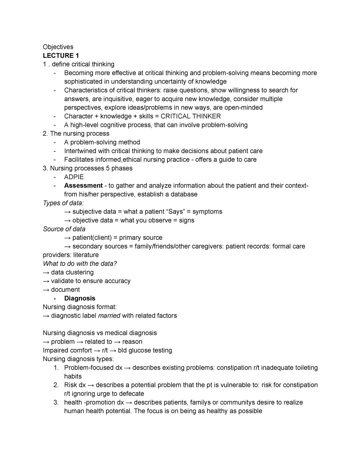 Nurs 202 midterm - Notes - Objectives LECTURE 1 1. define critical ...