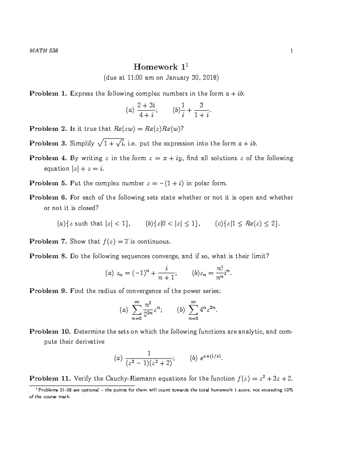 Hw1 - Hw1 - Homework 1 1 (due At 11:00 Am On January 30, 2018) Problem 1 The Following Complex ...